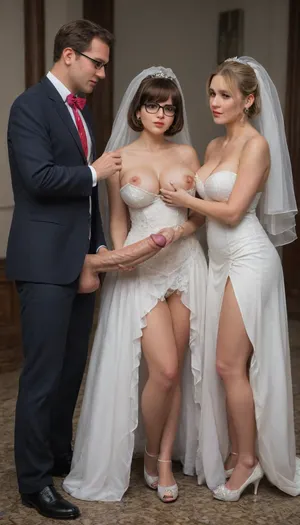 in this photo we see 3 people, tiny Velma, blonde bride, groom. blonde Bride standing between tiny Velma and groom, Bride gets groped by tiny Velma and groom. bride has very torn wedding dress, tits are out, groom touching brides huge tits, stroking his huge cock, massive cock, gigantic cock, super cock, full body view