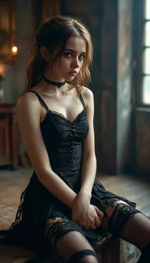 ripped revealing clothes, Altushka, Sitting, hugging her knees, a girl, Knees, goth, Small tits, <lora:MJ52:.3>