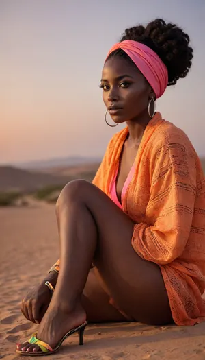 Ultra dark-skinned African woman nakd, deep jet-black skin, wide nose, full thick lips, high cheekbones, tight kinky hair, fluorescent hijab, neon-laced evening sandals, fluorescent nail polish, glowing sunset, tribal, powerful beauty.