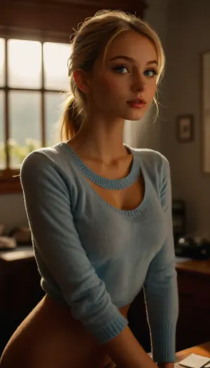 Full body, full view, young girl, 18 years old, blonde hair in ponytail, false eyelashes, makeup, flat chest, (very long nipples), ((skinny)), light_blue blouse, sweater, office, shot from below, ((Ultimate realistic photo details)), (((dynamic sexy pose))), (((bright sunlight))), small curved round breasts, bottomless, detailxl, <lora:MJ52:.8>, <lora:attractive_notrigger:.8>, <lora:710302_training_data:.8>, <lora:RealDownblouseXL2:.8>