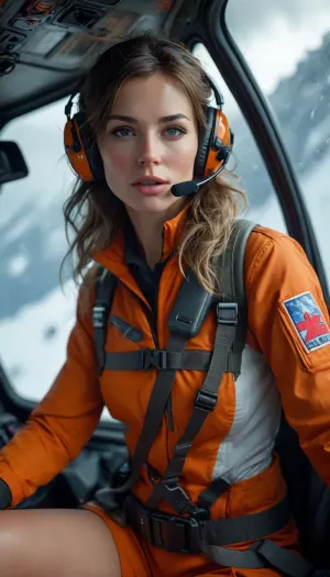 Rating_explicit, score_9, score_8_up, score_7_up, (masterpiece, ultra-detailed, erotic glamour), a beautiful female mountain rescuer sitting in a helicopter, unzipped rescue suit, huge breasts, hairy pussy, fingering her pussy, her hand inside her panties, flushed cheeks, sensual facial expression, biting her lip, helicopter cockpit interior, headset on, snowy mountains visible through the window, erotic atmosphere, photorealistic, cinematic lighting, soft shadows, realistic anatomy, skin detail, wind-blown hair, foggy breath on glass, <lora:MJ52:.8>