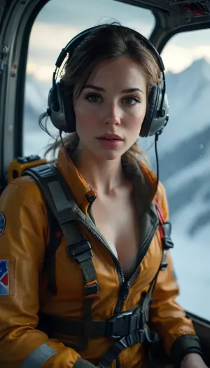 Rating_explicit, score_9, score_8_up, score_7_up, (masterpiece, ultra-detailed, erotic glamour), a beautiful female mountain rescuer sitting in a helicopter, unzipped rescue suit, huge breasts, hairy pussy, fingering her pussy, her hand inside her panties, flushed cheeks, sensual facial expression, biting her lip, helicopter cockpit interior, headset on, snowy mountains visible through the window, erotic atmosphere, photorealistic, cinematic lighting, soft shadows, realistic anatomy, skin detail, wind-blown hair, foggy breath on glass, <lora:MJ52:.8>