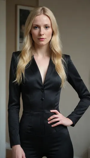 A hyper-realistic photo of a Scandinavian woman called Fiona, early 30s, pale skin, long blonde wild hair, (thin:1.4), a narrow waist, a flat stomach, wearing a sexy black satin suit, <lora:flat_chested_v3.5:2>