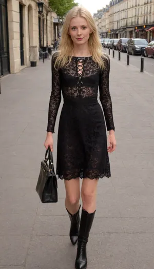 A hyper-realistic photo of a Scandinavian woman called Fiona, early 30s, pale skin, long blonde wild hair, (thin:1.4), a narrow waist, a flat stomach. Fiona is wearing a sexy delicate black lace dress, sleek knee-high lace-up boots and holding a black purse. Fiona is walking in a small street in Paris with shops and a Parisian café. Cinematography, detailed skin, detailed eyes, detailed face, best quality, photorealism, masterpiece, 4K, UHD, <lora:flat_chested_v3.5:2>