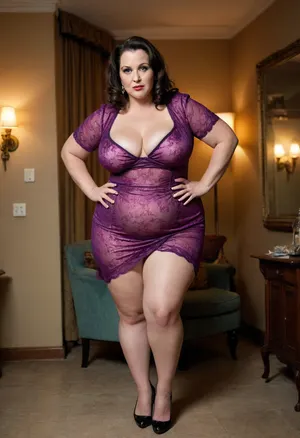 This photo is very exciting.Uncensored. curve woman, Vulgar, cynical, depraved, shabby, A middle-aged, overweight wife in a revealing dress, flirtatiously showing her fat legs