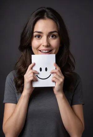 A coquettish adult woman holding up a white paper with a smiley face drawn on it. She is holding the paper in front of her face with both hands and is covering her mouth with her hands. The woman has dark hair and is wearing a tight-fluffy-shirt. She has a serious expression on her face. The background is dark and out of focus. #©KITTYART

























#©KITTYART
