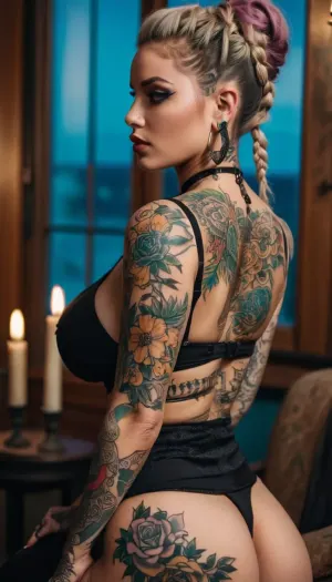 (((Close up shot of dusky girl with tattoos))), portrait of multiple girls with massive breasts, full body, massive lips, duo tone messy braid hair, goth makeup, blonde with second color, nipple piercing, lot of earrings, jewelery, pale skin, detailed skin, cinematic, great shading, moody lighting, (by Hope Gangloff:1), full, (petite stout body), <lora:Microwaist_XL_v01:.6>, <lora:FBT-000002:.9>