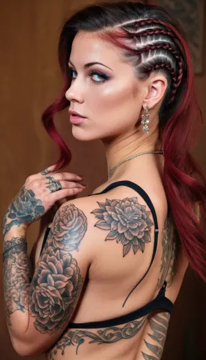 (((Close up shot of girls with tattoos))), (gigantic massive thick dick:1.4), detailed realistic portrait girl with massive breasts, tiny little butt, leggins, full body, massive lips, duo tone braided side ponytail with messy hair, makeup, black with highlights haircolor, nipple piercing, lot of earrings, pale skin, detailed skin, cinematic, great shading, moody lighting, (by Hope Gangloff:1), (petite stout body), flexible, (many, hands, caress, a, woman's, body:1.3), (many, hands, caress, a, woman's, body:1.3), HRGM, hair, ring, in, mouth, tie, tying, adjusting, hold, a, black, on, her, braided, side, TBD, tattoo, <lora:256210_training_data:1.3>, <lora:hair_ring_SDXL_v1:.8>, <lora:Braided_Sides_V1:.8>, <lora:TBD-000008:.8>