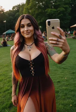 ((Busty petite stout whole body pagan style tattoos girl with ombré color long hair dimples and various piercings very tight dress with deep front cut taking selfie and holding dick of guy at park))