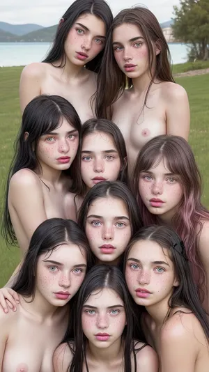 (((four 18 year old sisters))), four younger girls, naked, long black hair, freckles, pink lipstick, green eyes, (masterpiece), (detailed), super hot face
