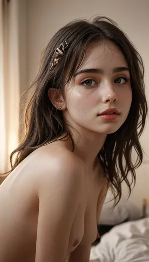 (Very young woman:1.6), (((very teenage))), on the floor, (straight even hair clips:1.8), e-girl aesthetic, (perky firm small tits), slender body, (eye contact), (innocent), bedroom, photorealistic, (skinny), (side view), (narrow waist), naked nude, (very shiny skin:1.9), (((mascara))), (makeup:1.7), shock, longnips, longnipsxl, (((hair highlighting))), (standing:1.5), (((detaled moles all over the body))), (((extremely long big thick eyelashes))), (((very black hair))), candelarkn, Andi, <lora:detailed_notrigger:1>, <lora:Realism_Lora_By_Stable_yogi_SDXL8.1:1.6>, <lora:RKN_CandelaXL:2>, <lora:467443_training_data:2>, <lora:MJ52:.8>