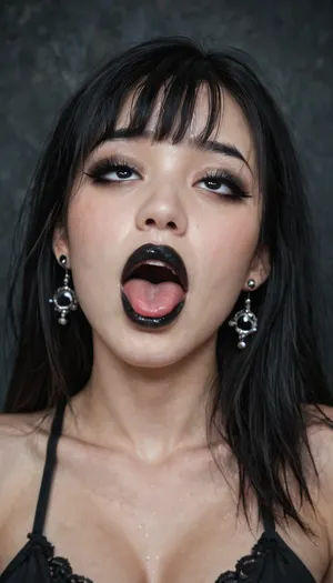 gothic, goth, (asian), pale skin, dark black eyes, black hair, bangs hair, black eyeliner, (black lipstick), white skin, perfect eyes, small eyes, detailed eyes, small nose, fake breasts, slut face, whore, (ahegao), sexy posing