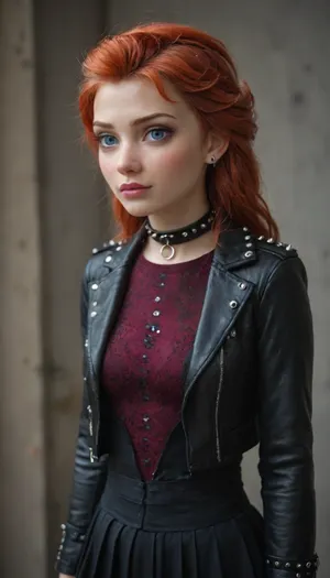 (((((Anna of Arendelle from frozen red hair))))), wearing a high-necked black velvet jacket, collar with large spikes, black tulle skirt, punk, 80s, clothing