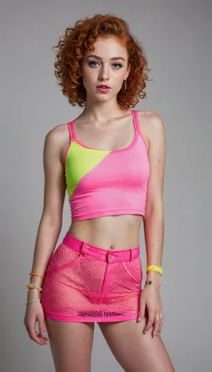 a full-body portrait of a confident 18-year-old party girl with natural red, curly hair that reaches down to her chest. She has light skin with freckles, bright green eyes, and a playful, slightly flirtatious expression. She's wearing a neon-colored crop top, (hot pink or lime green), a short black mini skirt, fishnet stockings, and platform sneakers. Her outfit is accessorized with glow-in-the-dark bracelets and a flashy belt bag. Her makeup includes neon eyeliner and shimmering lip gloss. She has a slim, energetic figure and is striking a lively pose — one hand on her hip, the other flipping a strand of her