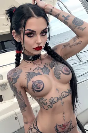 18 year old, on a yacht, medium breasts, skinny face, hair style long, hair color raven black, pigtails, (Facial Expression cute), (thin neck), (tattoo, many tattoos, arms tattoo, stomach tattoo, shoulder tattoo), slutty, (black choker necklace), (goth make-up), (red lipstick), nipple rings, full body tattoos