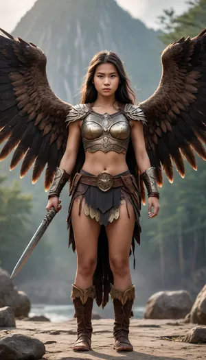 Asian, barbarian warrior girl, (((19-years-old))), full view eagle wings.