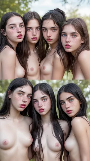(((four 18 year old sisters))), four younger girls, naked, long black hair, freckles, pink lipstick, green eyes, (masterpiece), (detailed), super hot face