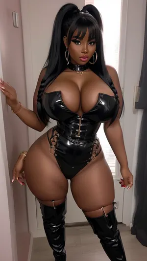 Dark Ebony african, blackskin, black skin, BBW busty slutty BIMBO. Knee high boots. Full body image. Showing a lot of cleavage. Big juicy ass. Attitude. JJ cup breasts. Thick thighs. Slutty. Playful attitude. Slutty face, pigtails hairstyle, massive breasts, gigantic boobs. fat ass, huge tits outfit. Revealing outfit, rating, explicit submissive, big_eyes