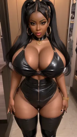 Dark Ebony african, blackskin, black skin, BBW busty slutty BIMBO. Knee high boots. Full body image. Showing a lot of cleavage. Big juicy ass. Attitude., (Massive breasts, gigantic tits, huge boobs:1.5), Thick thighs. Slutty. Playful attitude. Slutty face, pigtails hairstyle, massive breasts, gigantic boobs. fat ass, huge tits outfit. Revealing outfit, rating, explicit submissive, big_eyes