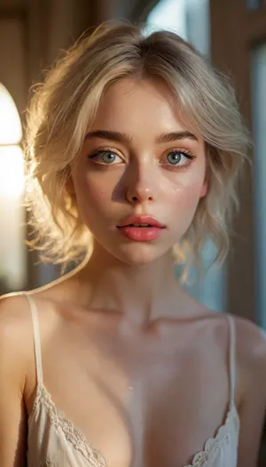ziprealism, (avant-garde surreal esthetic), (light bloom, lens flare, hair glow lighting), (modern bedroom, large cozy windows), soft bokeh, (f/2.8, f2.8, (shallow depth of field), , , facial closeup, low angle shot, focus on eyes:1.4), (ash-blonde hair with dark roots, swept-back hair, short hair), (catchlights, limbal rings, large expressive eyes, bright stunning eyes, perfect eyes), (adoration, loving gaze, in love), (flawless porcelain skin:1.2), <lora:MJ52:.8>, igbaddie, <lora:igbaddie-XL:.4>
