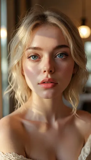 ziprealism, (avant-garde surreal esthetic), (light bloom, lens flare, hair glow lighting), (modern bedroom, large cozy windows), soft bokeh, (f/2.8, f2.8, (shallow depth of field), , , facial closeup, low angle shot, focus on eyes:1.4), (ash-blonde hair with dark roots, swept-back hair, short hair), (catchlights, limbal rings, large expressive eyes, bright stunning eyes, perfect eyes), (adoration, loving gaze, in love), (flawless porcelain skin:1.2), <lora:MJ52:.8>, igbaddie, <lora:igbaddie-XL:.4>