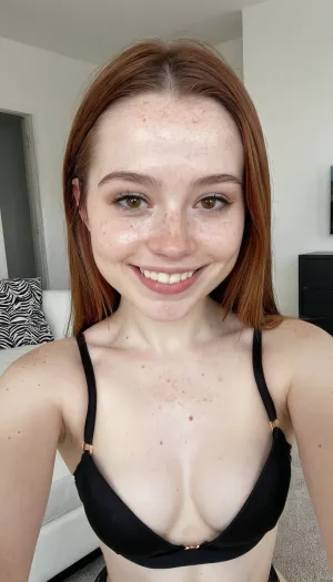 22 years old Mexican-american woman, taking a selfie, white and pale skin, wearing black brassiere, slim nose, brown hair, small sagging breasts, robust body, embarrassed smile, round face, minimalist white luxury room, freckles, brown eyes, molar on cheek, 3/4 body view, rhinoplasty, hyper realistic photo, full hd, 8K