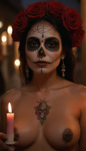 Busty naked Mexican woman in a public street with catrina face painting, no clothes, D14, D3, L0s, Mu3rt0s, female, painted, skull, roses, candles, <lora:Día_De_Los_Muertos:1.5>, pulled back zoom, 3/4 view, masterpiece, 32k, very detailed, atmospheric lighting, perfect lighting perfect centered