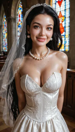 standing in a huge catholic church, small diamond earrings, diamond necklace, at the alter about to get married, white veil, looking up at viewer, pov, professional wedding photography, wearing wedding dress, white lace dress, strapless dress, cleavage, close up view from waist up, 18 year old mexican model model, feminine face, subtle sexy smile, intense eye contact, white skin, perfect sexy face, perfect lips, brown eyes, horny expression, glistening skin, (arms behind back), (very long straight black hair), extra long hair, straightened hair, detailed hair, petite body, (medium breasts, very perky tits, cleavage), pearl earrings, pearl necklace, (maximum detail, looking directly at the viewer, slender figure, very skinny, very thin, 4ng3l, face, dynamice pose), supermodel, face, big, lips, green, eyes, blue, brown, perfecteyes, <lora:detailed_notrigger:1>, <lora:add-detail-xl:1.4>, <lora:Beautify-Supermodel-SDXL:2>, <lora:PerfectEyesXL:1.6>