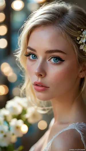 ziprealism, (avant-garde fashion esthetic, professional portrait, shot in profile), (f/2.8, f2.8, f28, (shallow depth of field), , , soft bokeh, facial closeup, focus on eyes:1.4), (ash-blonde hair with dark roots, short hair, swept-back hairstyle, flowers in hair), (catchlights, limbal rings, large expressive eyes, stunning blue eyes, long delicate eyelashes, perfect eyes), (full lips, soft lips, soft facial features), (white waterline eyeliner, doe-eye makeup), (adoration, loving gaze, in love), (flawless porcelain skin), <lora:MJ52:.8>, igbaddie, <lora:igbaddie-XL:.4>