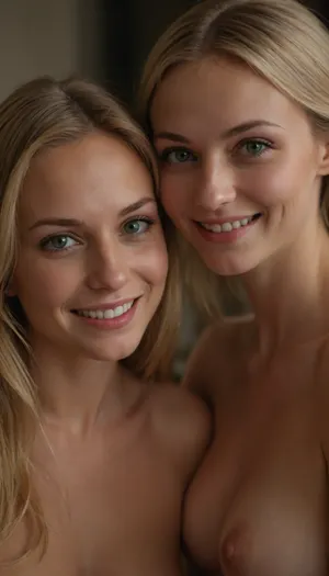 Ultra photorealistic, Sexy beautiful mother, (milf), with her young sexy petite skinny beautiful daughter, (18 y.o), big tits, large breasts, shaved pussy, shaved pubis, russian, naked, nude, happy, perfect face, perfect green eyes, slender body, inheritance, long blonde hair on the head, perfect skin, perfectly clear skin, composition of two women, smile, <lora:275493_training_data:.8>