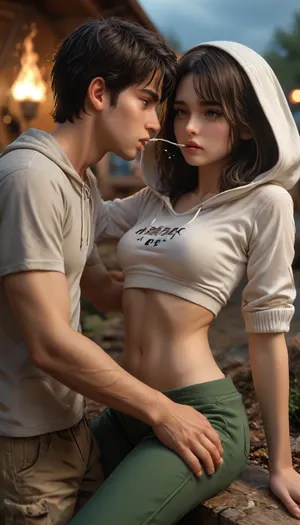 young brunette student beauty in a camp by night, super models, around a fire, fleece pants, hooded sweatshirt, medium perky breasts, toned body, athletic thighs, juicy ass, detailed faces, camp, fucked missionary, eye contact, view from side, intoxicated sleepy expression, cum shooting from my cock, cum on her body, sucking cock, perfecteyes, <lora:add-detail-xl:.5>, <lora:detailed_notrigger:.5>, <lora:MJ52:.5>, <lora:sdxl_lightning_4step_lora:.4>, <lora:lora-sdxl-perfect-eyes:.4>