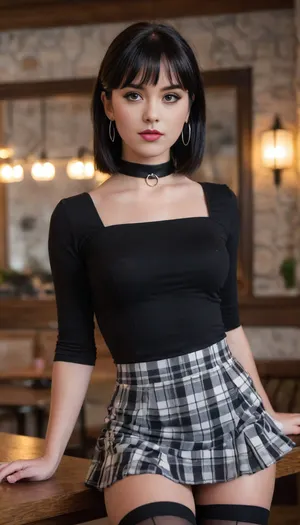 best quality, very aesthetic, absurdres, newest, 1girl, heterochromia eyes, black hair with bangs, medium breast size, black eyeliner, black earrings, beautiful face, 18 years old, long eyelashes, makeup on eyelashes, confident expression, striking contrast, detailed accessories.

She's dressed in a deep-cut black crop top with short sleeves, a black-and-white plaid mini skirt, sheer black thigh-high stockings, and knee-high leather boots. Over her outfit, she wears a short black apron tied at the waist, holding a digital order device in one hand and a pen in the other. She accessorizes with silver hoop earrings, a black choker, and dark beaded bracelets. Her expression is playful and slightly provocative, with a raised eyebrow and half-smile. The background is a stylish modern mountain restaurant with stone walls, wood textures, and warm lighting. High detail, fashion editorial lighting, clean composition, sharp focus. she is sitting on a table, legs wide spread