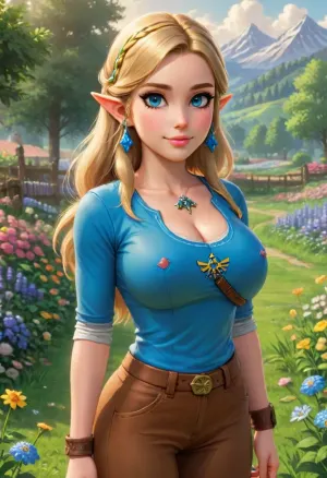 The image is a drawing of a character from the The Legend of Zelda. franchise named Zelda. She is depicted as a young woman with medium, flowing blonde hair and blue eyes. She is wearing a blue shirt and brown leather pants. She is also wearing small earings. Rosalina is standing in front of a green field with many flowers. She is looking at the viewer with a gentle smile on her face. The image is drawn in a realistic style, and the colors are light and warm., <lora:dalle3-v1-full:.5>, <lora:ThePitXL:.5>, huge, breasts, massive, <lora:SDXL_MassiveCowsLoRA_v1:.5>