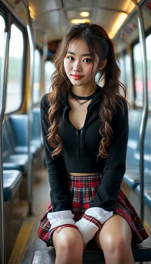 23 years old Chinese girl, very sexy, skinny, angel face, very long curly hair in pigtails, smiling laughs, wearing cropped black hoodie, Plaid mini skirt, white thigh-high socks, black choker neckless, black doc marten boots, sitting on a bus seat in bus, (legs open:1.3), (no panties:1.3), view from opposite, other people sit nearby, woman, squat, <lora:BUT_SDXL_SHS:1.7>, <lora:MJ52:1.7>, <lora:DetailedEyes_V3:1>, <lora:woman_squat_xl_lora-000031:2>