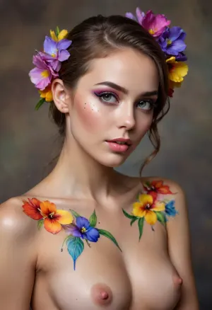 A beautiful slender woman with a full body-painting of colorful flowers, She is in a professional photo studio, style, colorful, pretty coquettish face, large beautiful crystal eyes, light glowing irises, heartshaped lips, lip gloss, freckles, olive skin, aroused skin, view from half back side. #©KITTYART























#©KITTYART