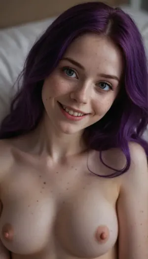 Woman, very cute elve, 21 years old, pale skin, freckles, purple hair, long hair, cute smile, (cumshot on face), natural medium breasts, makeup, naked, laying on bed