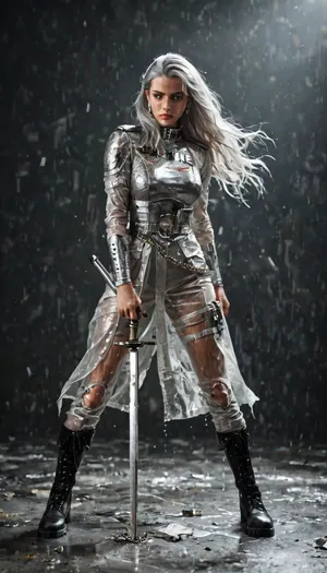 A dynamic three quarter pose of a woman with silver long hair, wearing a glossy silver full body suit, and a silver ring collar with a long gold chain swinging down in front of her. holding a large chrome silver metal rod, breaking it in half, shards of silver explode outwards due to the forcer of her breaking it. The lighting should be dramatic, highlighting the textures of the clothing and the shine of the collar against a dark, moody background. silver combat boots on a wet floor 35mm film