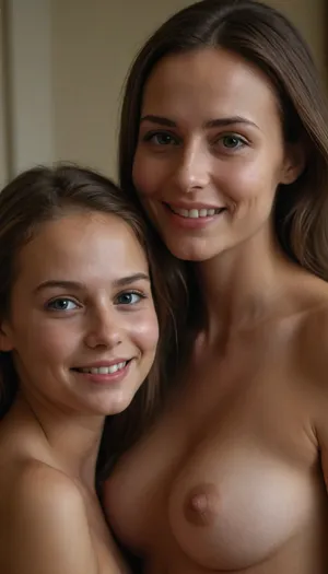 Ultra photorealistic portrait, 4k, highly detailed, mother with her young daughter, nudist family, sexy, beautiful, perfect breasts, shaved pussy, shaved pubis, russian, naked, nude, happy, cute face, perfect face, ultra detailed face, perfect eyes, slender body, inheritance, long hair on the head, perfect skin, perfectly clear skin, composition of two women, smile, at home, show pussy, visible pussy, full-length