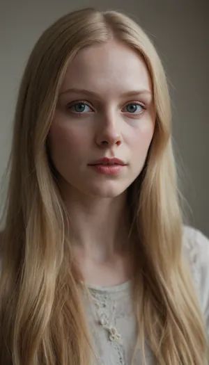 A photorealistic portrait of a Scandinavian woman called Fiona. Fiona has an ethereal aesthetic with long wilde blonde hair. Her, ((very pale skin)), has a smooth, porcelain-like quality, full headshot, neutral background