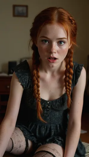 lies on the school desk, Redhead, two disheveled braids, cute face, young face, freckles, makeup, mascara ran, horny look, enjoys, screams with pleasure, skinny, 18 year old girl, tight pussy, (torn tights), string patterned panties, (string patterned panties in pussy gap shown), (patterned dress), (wide hips), vaginal sex, cum in pussy, cum inside, <lora:Midjourney Image Enhancer XL v1:.8>