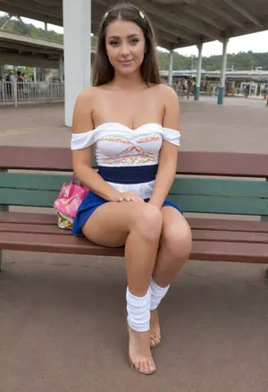 (35 year adult), woman in an extremely short white pleated micro skirt, in a train station, dressed up for a music festival, luggage, looking cute and dumb, cleavage, festival face paint, (sitting on bench, knees together:1.2), (strapless off-the-shoulder top:1.5), (candid photo:1.3), (iPhone photo:1.3), (sneak peek snapshot under skirt:1.2), (accidental upskirt:1.4), (hippie style), (tanned:1.1), (braless), (panties), (tomorrowland)