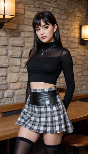 best quality, very aesthetic, absurdres, newest, 1girl, heterochromia eyes, black hair with bangs, medium breast size, black eyeliner, black earrings, beautiful face, 18 years old, long eyelashes, makeup on eyelashes, confident expression, striking contrast, detailed accessories.

She's dressed in a deep-cut black crop top with short sleeves, a black-and-white plaid mini skirt, sheer black thigh-high stockings, and knee-high leather boots. Over her outfit, she wears a short black apron tied at the waist, holding a digital order device in one hand and a pen in the other. She accessorizes with silver hoop earrings, a black choker, and dark beaded bracelets. Her expression is playful and slightly provocative, with a raised eyebrow and half-smile. The background is a stylish modern mountain restaurant with stone walls, wood textures, and warm lighting. High detail, fashion editorial lighting, clean composition, sharp focus. she is sitting on a table, legs wide spread