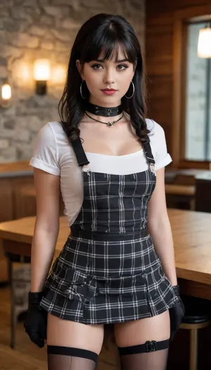 best quality, very aesthetic, absurdres, newest, 1girl, long black hair with bangs, medium breast size, shaved pussy, black eyeliner, black earrings, beautiful face, 18 years old, long eyelashes, makeup on eyelashes, confident expression, striking contrast, detailed accessories. She's dressed in a deep-cut black crop top with short sleeves, a black-and-white plaid mini skirt, sheer black thigh-high stockings, and knee-high leather boots. Over her outfit, she wears a short black apron tied at the waist, exposed breasts, exposed pussy, exposed labia.

She accessorizes with silver hoop earrings, a black choker, and dark beaded bracelets. Her expression is playful and slightly provocative, with a raised eyebrow and half-smile.

on a desk, on all fours, legs spread wide The background is a stylish modern mountain restaurant with stone walls, wood textures, and warm lighting. High detail, fashion editorial lighting, clean composition, sharp focus.