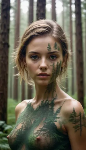 A double-exposure image in which a woman is superimposed onto a forest, blending human features with natural elements, fulbody, #©KITTYART



































#©KITTYART