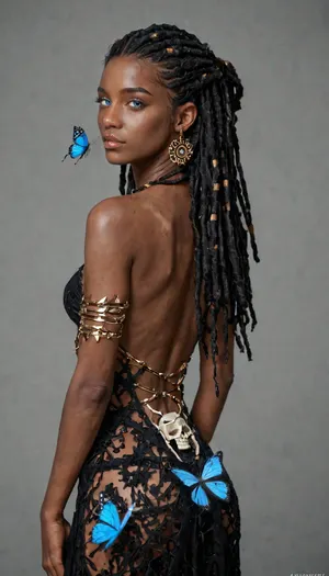 TranslucentVisibility, score_9, 1girl, solo, long hair, looking at viewer, blue eyes, simple background, black hair, multicolored hair, looking back, dark skin, grey background, from behind, dark-skinned female, back, bug, butterfly, ribs, skeleton, blue butterfly, dreadlocks, spine, realistic