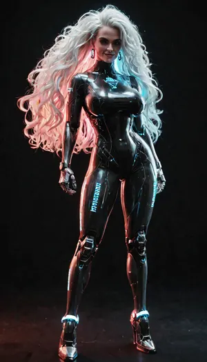 robotic woman, with a neon pink holographic screen, long white hair, black background, full body, big breasts, smirk