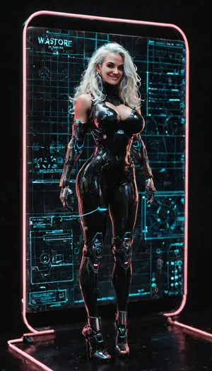 robotic woman, with a neon pink holographic screen, long white hair, black background, full body, big breasts, smirk