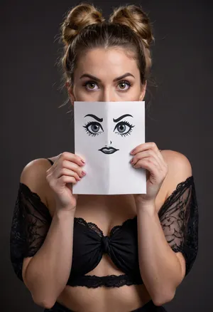 COPYRIGHT, A coquettish adult woman holding up a white paper with a fuck off face drawn on it. She is holding the paper in front of her face with both hands and is covering her mouth with her hands. Elaborate hairstyle, G-string, movements, hips. soft textures, serious expression on her face. The background is dark and out of focus. /////Concept/Story/Prompt/Creator/Copyright/by//EastBeast//of/©KITTY-ART/

























/Concept/Story/Prompt/Creator/Copyright/by//EastBeast//of/©KITTY-ART/
