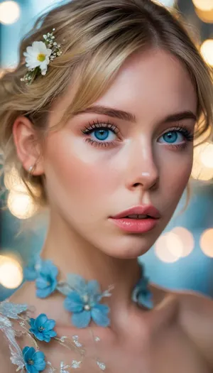 ziprealism, (avant-garde fashion esthetic, professional portrait), (f/2.8, f2.8, f28, (shallow depth of field), , , soft bokeh, face closeup, tight closeup, shot in profile, focus on eyes:1.4), (ash-blonde hair with dark roots, short hair, swept-back hairstyle, flowers in hair), (catchlights, limbal rings, large expressive eyes, stunning blue eyes, long delicate eyelashes, perfect eyes), (full lips, soft lips, soft facial features), (white waterline eyeliner, doe-eye makeup), (adoration, loving gaze, in love), (flawless porcelain skin), <lora:MJ52:.8>, igbaddie, <lora:igbaddie-XL:.4>