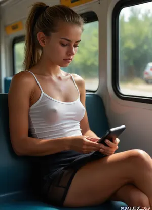 Hot summer, reading very deeply tanned 18yo woman sitting on a seat in a crowded bus reading concentrated in her smartphone, ((braless see-through very transparent tight white camisole)), ((very short black miniskirt)), very long tight high pony tail, woman reading concentrated in her smartphone, athletic body, narrow waist, thigh gap, round peaky medium breasts and peaky nipples, sweating, glooming deeply tanned skin, shaved pussy, deeply tanned, sunny day, clothes, CN, Girl6, motion, blur, Braless, braless, Wearing, that, make, sense, with, Braless>, <lora:bralessSDXL_v1_00022:1.1>, <lora:Midjourney Image Enhancer XL v1:1>, <lora:add-detail-xl:1>, <lora:BUT_SDXL_SHS:1>